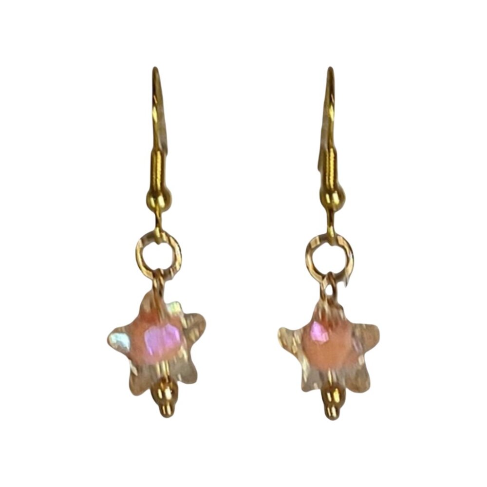 NEW Handmade/Homemade Pastel Orange Bead in Clear Star on Gold Drop Earrings - Picture 2 of 3